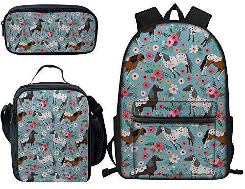 Vintage Floral Horse Backpack and Lunch Box Set for Kids Elementary Boys Schoolbag with Lunch Bag Pencil Case Child Book Bag