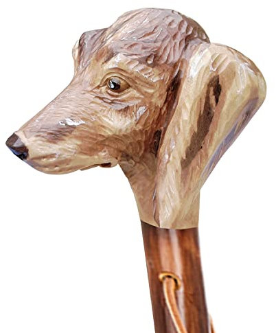 Jagd-Schnitzerei Peter Wanderstock Holz, mit handgeschnitzten, handbemalten Kopf vom Dackel-Teckel, hell- braun, 98-180 cm „GRAVUR BIS ZU 15 ZEICHEN IM PREIS ENTHALTEN“