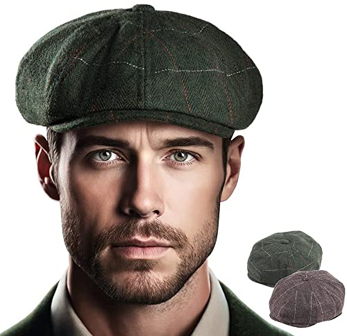 LADYBRO Newsboy-Mützen für Herren, kariert, Efeu, Tweed, Peaky Blinders, 2 Stück, Kariert, Grün und Dunkelbraun, 2 Stück, 7 3/8/7 5/8