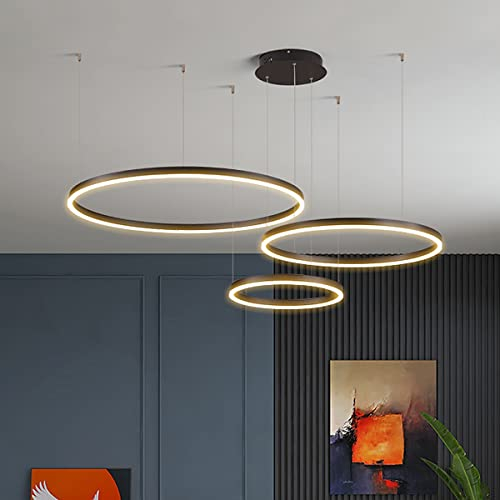HYQJUNE Modern 3 Ringe Esstischlamp 90W LED Dimmbar Wohnzimmer Kronleuchter Einfach Hängeleuchte Schlafzimmer Salon Esszimmer Pendelleuchte Höhenverstellbar Kombination Hängelampe,Braun