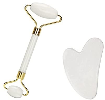 Jade Roller & Gua Sha Set，Gesichtsmassagegerät，Augen, Hals zur Hautpflege, Schönheit und Entspannung der Körpermuskulatur mit intelligenter.