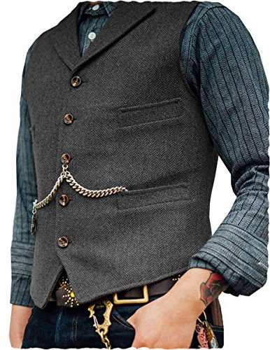 AeoTeokey Classic Mens Wool Tweed Suit Vest Casual Sleeveless Jacket Herringbone Waistcoat for Tuxedos(3XL,Grey)