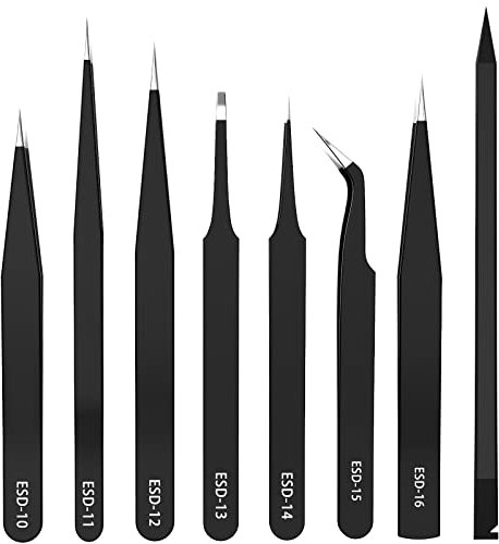 7Stk ESD Pinzetten Set, MNBS Präzisions Antistatisch Edelstahl + Brechstange Toolkit,Reparatur Werkzeug,Modellbau Pinzette für Computer Elektronische Reparaturen Schmuck Präzisionsarbeit Laborarbeit
