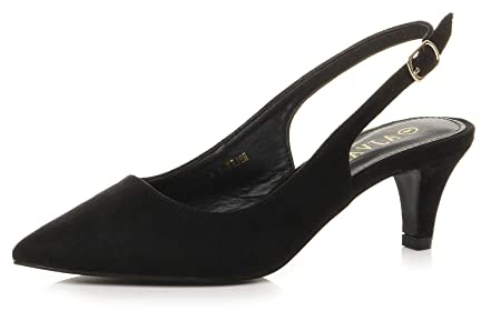 AJVANI Womens Ladies Low mid Heel 50s Slingback Buckle Pointed Court Shoes Size
