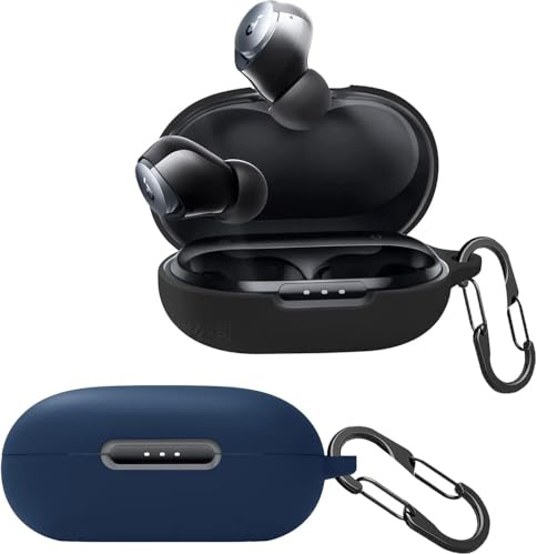 [2-Pack] easyBee Hülle Kompatibel mit Soundcore Space A40 [mit 2 Karabiner], Flüssiges Silikon Case Ultradünn Stoßfest Schutzhülle Bluetooth Kopfhörer Tasche - Schwarz und Blau