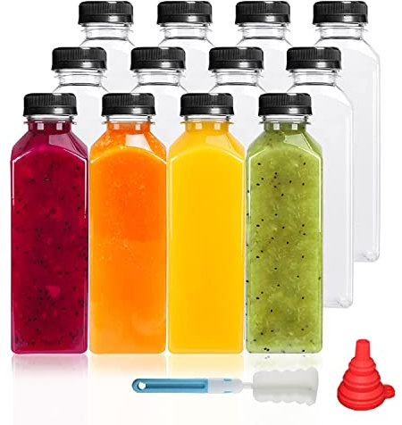 YBCPACK 12 Pack 500 ml Clear Plastic Juice Bottles with Lids for Mini Fridge, 16 oz Empty Reusable Drink Containers for Smoothie, Milk, Juicing, and Other Drinkings.