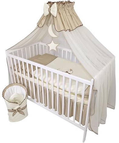 Bello24 - 13 Teiliges Babybett Kinderbett und Bettwäsche komplett Set Timmi inkl. Matratze höhenverstellbar für Neugeborene Babys und Kleinkinder aus Massivholz Bestickt Teddybär Mond Dunkelbeige