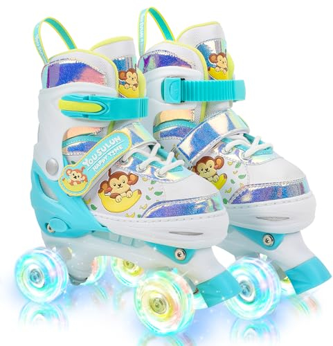 Rollschuhe Kinder 4 Größen Verstellbar Rollerskates mit Leuchtenden Rädern Schuhe mit 4 Rollen für Mädchen, Jungen und Anfänger