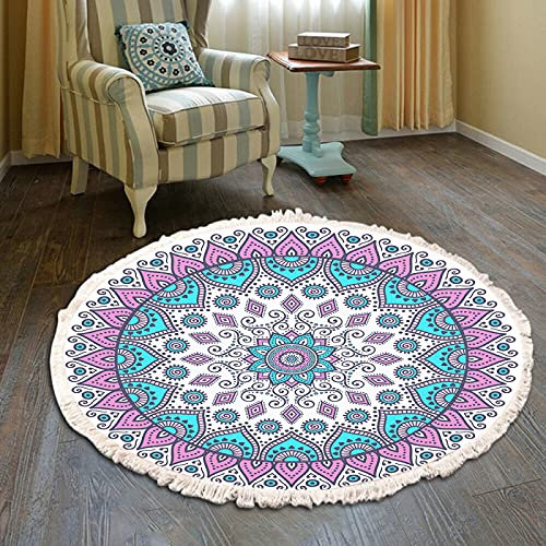 AMBATTERY 160Cm Vintage Pompon Tapis Rond Imprimé Tapis Ethnique Tapis Rose Tapis de Sol Cuisine Tapis de Tapis d’Entrée Tapis de Porte Salle de Bain Toilette Tapis de Pied
