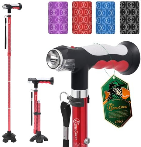 BeneCane Gehstock mit Zwei LED-Leuchten für Männer und Frauen, höhenverstellbarer Spazierstock mit Stabiler Basis, zusammenklappbarer Stock mit T-Griff, leicht & stabil