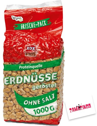 XOX Erdnüsse Ungesalzen | VEGAN | geröstet 1kg - Vakuumverpackt, Reich an Proteinen, Perfekt für Snacks und Rezepte + Zama4Zingo Karte