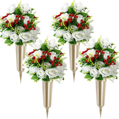 Tigeen Lot de 4 fleurs artificielles de cimetière de Noël avec vase pour tombe en soie pour tombe - Bouquet de fleurs d'automne - Décoration de cimetière pour funérailles en extérieur - Or, blanc
