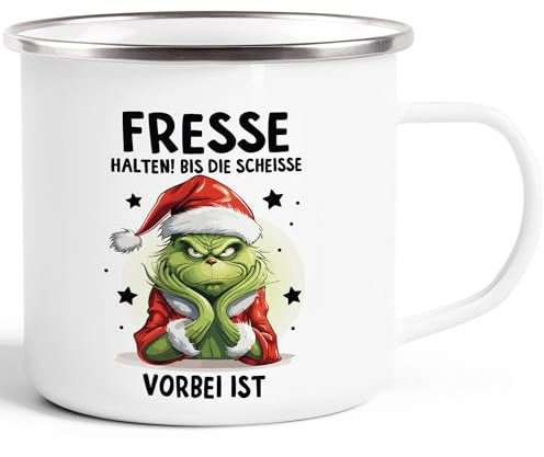 Moonworks® Emaille-Tasse Anti Weihnachten Spruch Ironie Sarkasmus lustige Weihnachtsbecher Geschenke für Weihnachtsmuffel Spruch 2 emaille-weiß-silber standard