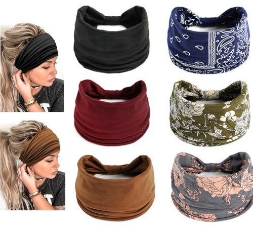 Satz 6-Stirnbänder für Frauen, 15cm breite Haarbänder, rutschfestes Stirnband, Boho Floral Print Knoten Elastische Haarbänder, weiches elastisches Stirnband für Laufen, Radfahren, Yoga, Waschen