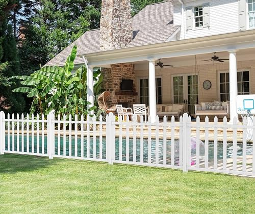 Windscreen4less 1 Set 84 W x 36 H Vinyl Picket Fence Panels with Ground Spike Decorative PVC Barrier Fencing for Porch Patio Front Door Yard Garden Pool with 20 Pickets (Straight)