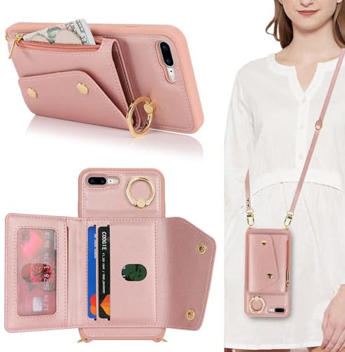 Lipvina Hülle für iPhone 7 Plus/8 Plus Hülle mit Band Kartenhalter handyhülle Hülle für iPhone 7 Plus/8 Plus mit Reißverschluss Band Ring Ständer Case für Frauen - Rosa