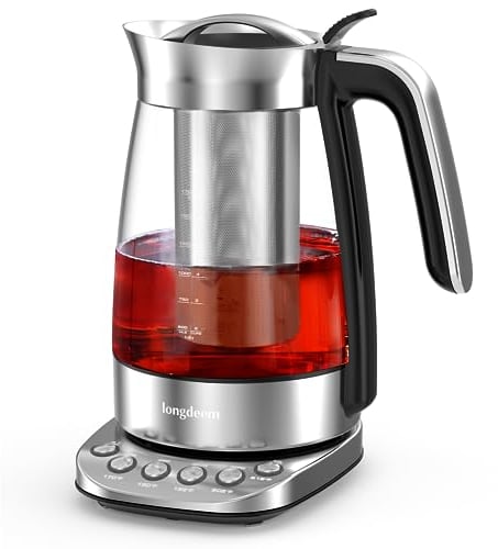 LONGDEEM Machine à thé et à eau en verre Deluxe - Avec température et heure réglables - 6 programmes de thé et fonction maintien au chaud - Capacité maximale de 1,7 l - 2200 W - Acier inoxydable