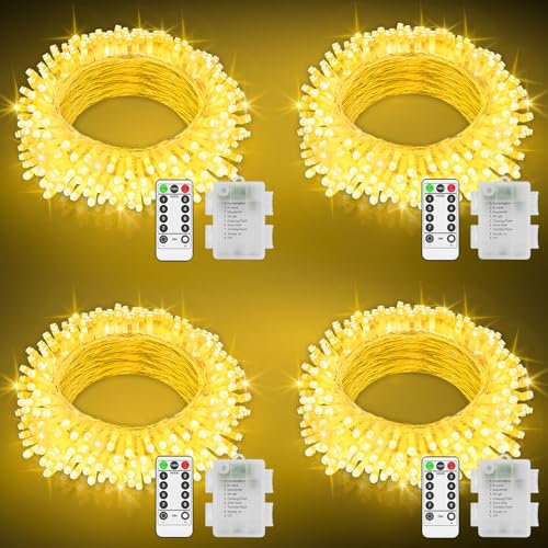 4 Pack Fairy Lights Battery Operated Christmas Lights Outdoor Total 40M 400LED Waterproof String Lights with Remote Timer 8 Modes for Indoor Outside Bedroom Garden Patio Party Decor-Warm White