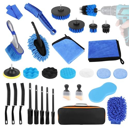NVIYAM 31 pièces Kit de Nettoyage de Voiture, kit de Lavage de Voiture pour l'intérieur et l'extérieur, Professionnel Kit de Brosse Nettoyage Voiture, pour Roues, Nettoyage du Tableau de Bord