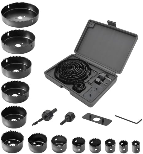 Set di 16 Seghe a Tazza per Fori, Set di seghe a tazza standard, Sega a tazza, Sega a Tazza per Legno da 19 mm-127 mm, con 2 Chiavi Esagonali, 2 Aste di Collegamento, 1 Trapano, 1 Piastra di Montaggio