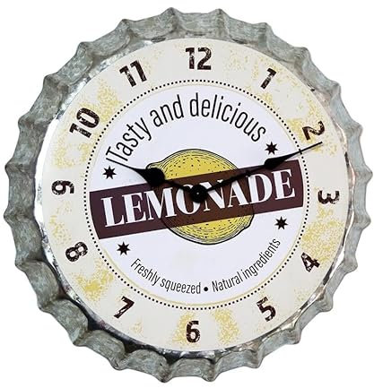 Lemonade Bottle Top Clock 35cm Galvanised Metal Novelty Man Cave Battery Wall Decor