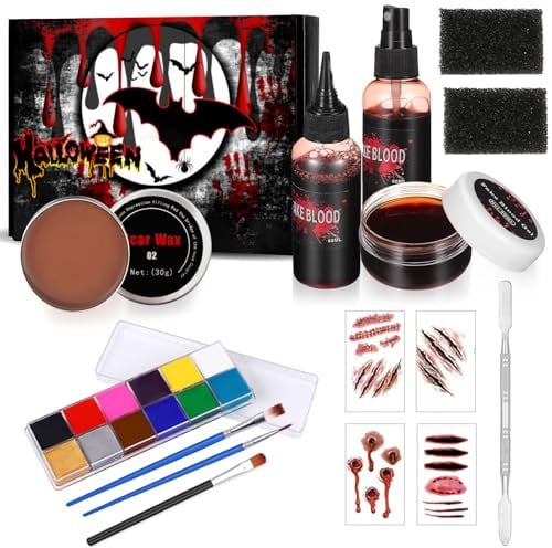 Halloween Make up Set, trucco viso halloween: 12 Colori vernice per il corpo viso+Cera per Cicatrici+Spatola per Make-up+Spray per Sangue Finto+Sangue Finto+spazzola+adesivo+spugna