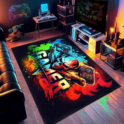 3D Controller Gaming Teppich 120 x 160 cm - Rutschfeste Fußmatte Mit Graffiti Spielkonsole Dekoration, Waschbar für Gamer Jungen Teen Schlafzimmer Wohnzimmer (C)