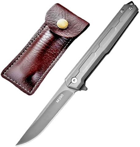 Joa Petit Couteau Pliant Slim M390 - Camping, Randonnée, EDC, Survie, Chasse - Tanto Gris Acier avec Fourreau en Cuir