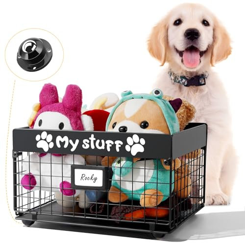 FACULX Large Dog Toy Basket with Universal Wheels, Metal Dog Toy Bin, Black, 13.5 x 11.8 x 7.6 inches, 21L, Pet Storage Container