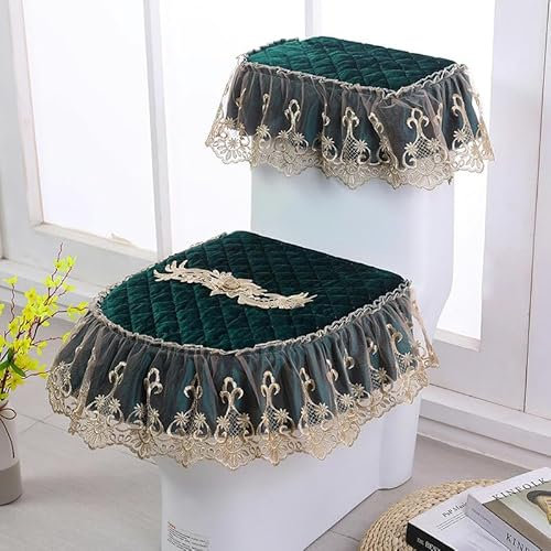 Toilet Lid Cover Set,3pcs/Set Lace Embroidery Gold Rose Flower Soft Toilet Lid & Tank Covers Toilet Seat Cover Pads Toilet Seat Cushion Pads Zipper -Typ(Rood)(Groen)