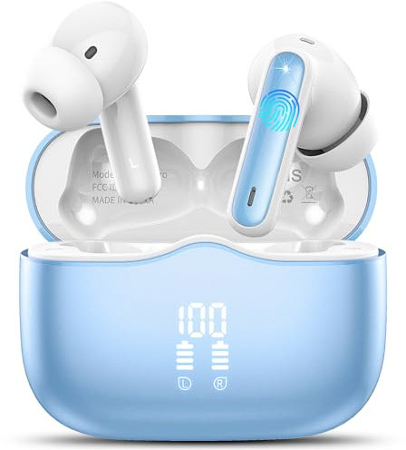 Cuffie Bluetooth 5.3 con 4 HD Mic, 40Ore Cuffie Wireless In Ear ENC Cancellazione Rumore, LED Display Touch Control, Azzurro