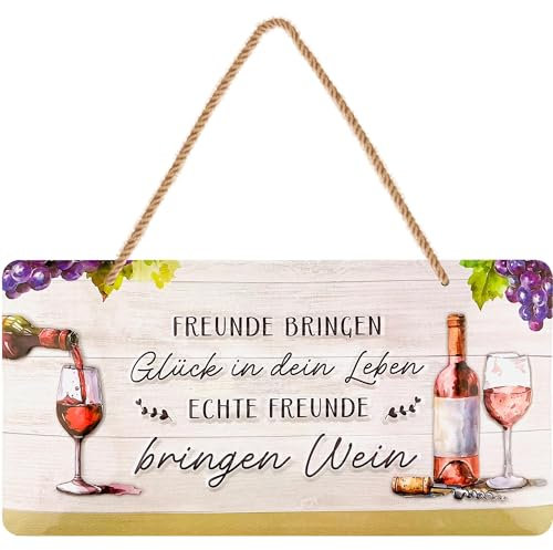 LANOLU Retro Blechschild ECHTE FREUNDE BRINGEN WEIN, vintage Metallschilder mit Sprüchen, Shabby Chic Deko Küche und Garten, lustige Schilder aus Metall 16x32cm