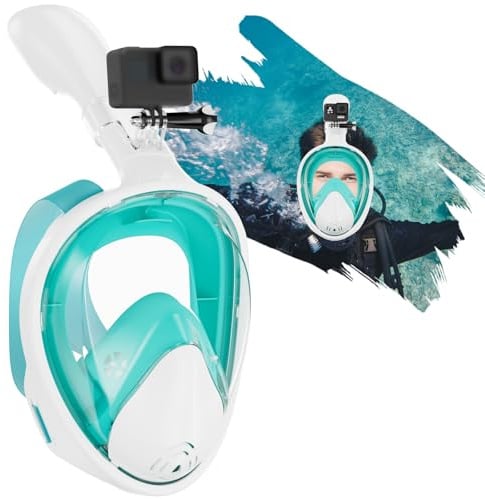 Maschera Snorkeling per Adulti, Maschera Integrale Snorkeling a 180° / Sicurezza CO2, Tecnologia Antiappannamento e Antiperdita con Fascia Regolabile, Compatibile con Fotocamere Sportive (Verde, L/X)