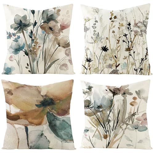VEEKAY Blumen Kissenbezug 45x45 4er Set,Mode Wilde Blumen Blätter Geometrische Muster Frühling Kissenbezüge,Dekokissen Leinen Kissenhülle,Florales Aquarellgemälde Kissenhüllen,für Sofa Schlafzimmer