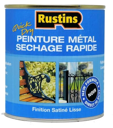 Rustins - Pintura de metal satinada negra de secado rápido para uso exterior e interior, 500 ml – 7 m²