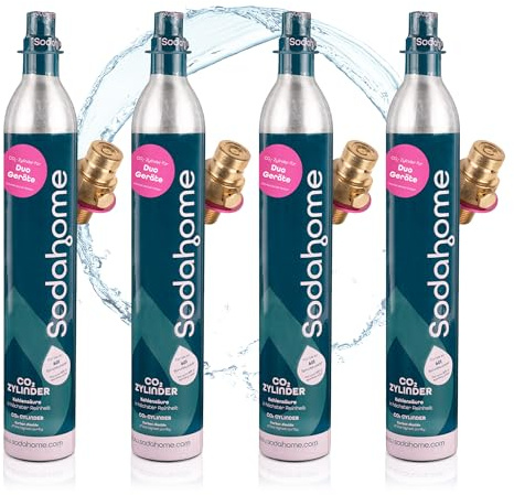 Sodahome 4x CO2 Zylinder für 60L Sprudelwasser - Kompatibel mit DUO Klicksystemen & Quick Connect Geräten - Kohlensäure Zylinder zum Klicken für Sprudelwasser - abgefüllt in Deutschland (4er Set)