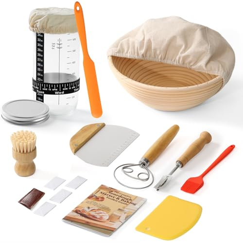 Complete Bread Proofing Basket Kit | All-in-One Set with Banneton(9 in), Sourdough Starter Jar Kit, Bread Lame, Dough Scraper, Whisk, Cutter & Tools