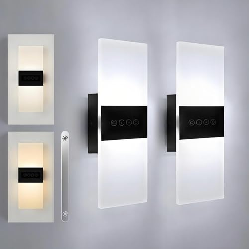 JZCDR 2 Stück Wandlampe mit Schalter Innen Wandleuchte Touch Dimmbar | 29cm Moderne LED Wandbeleuchtung Acryl 12W für Treppenhaus Wohnzimmer Schlafzimmer, 3000K/4000K/6000K