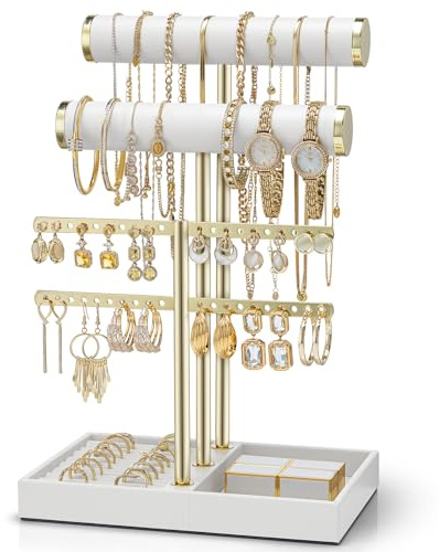 Vlando Schmuckständer mit Tablett, Weiß und Gold, Schmuckhalter für Armbänder, Halsketten, Ohrringe und Ringe, Multifunktionale Aufbewahrung, FSC-Zertifiziert