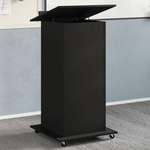 ZQQLVOO Rednerpult mit Rollen und Schublade Schwarz 55x55x107 cm, neigbare Oberplatte mit Umrandung, 1 Schublade und 2 Fächer für Stauraum, mobiles Pult für Präsentationen