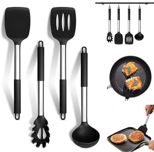 HSYTEK Lot de 4 ustensiles de cuisine en silicone avec poignée en acier inoxydable - Antiadhésifs et résistants à la chaleur - Pour cuisiner, tourner, servir des spaghettis, soupe, sauce (noir)