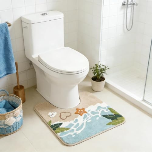 Justup Seestern Strand U-förmige Toilettenmatte, 50x55cm Badematte | Strand-Style-Fußmatte, Saugfähiger Rutschfeste Badematte, Maschinenwaschbar, Teppich für Badezimmer, Toilette, Waschbecken