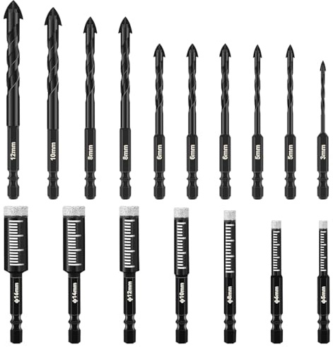 17Pcs Diamond Drill Bits Set, Porcelain Tile Drill Bit 5/6/8/10/12/14/16mm Masonry Drill Bits Hex Shank Four Blades Drill Bits 3/5/6/8/10/12mm for Drilling Granite Ceramic Marble Stone