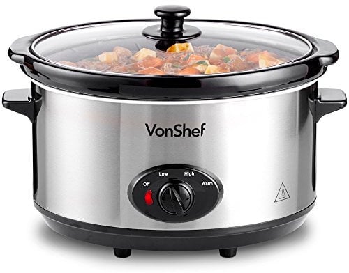 VonShef Slow Cooker 6.5L with Easy Clean Removable Oven to Table Dish, Glass Lid & 3 Heat Settings- High/Low Power Mode & Keep Warm Function- For Soups, Stews, Casseroles & Curries- Stainless Steel