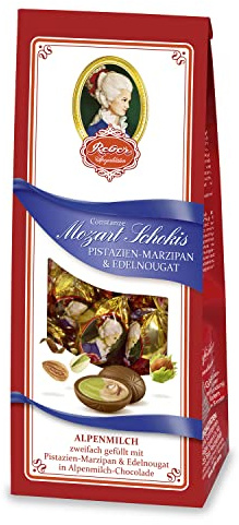 Reber Constanze Mozart-Schokis, Mini-Pralinés, Alpenmilch-Schokolade, Haselnuss-Nougat, Pistazien-Marzipan, Tolles Geschenk, 4 x 100 g