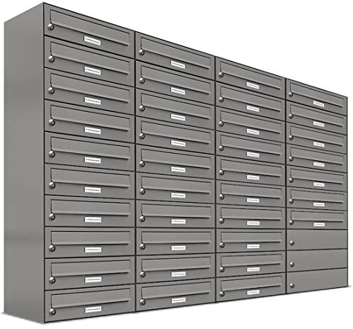 AL Briefkastensysteme 37er Briefkastenanlage Aluminiumgrau RAL 9007, Premium Briefkasten DIN A4, 37 Fach Postkasten modern Aufputz
