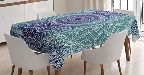 ABAKUHAUS Mandala Tischdecke, Ombre Tribe, Wasserfest Waschbar mit Klar Sichtbaren Farben kein Verblassen Personalisiert, 140 x 240 cm, Dunkelblau Teal
