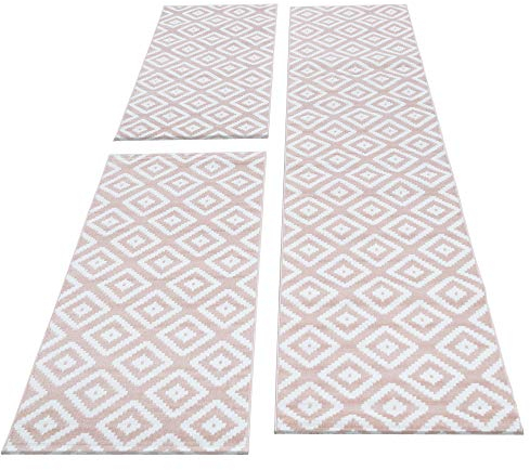 HomebyHome Bettumrandung Schlafzimmer 3 teilig Teppich Rosa-2 - Waschbarer Bettumrandung Teppich Läufer Set Extra Flauschig Bettvorleger Schlafzimmer Bettset:2 St. 80x150 cm | 1 St. 80x300 cm