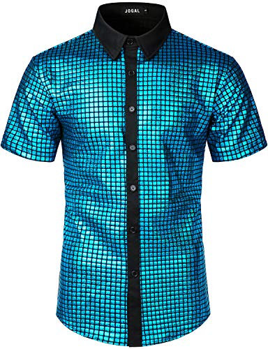 JOGAL Men's Dress Shirt Sequins Button Down Short Sleeve Shirts 70s Disco Party Costume Medium Lakeblue