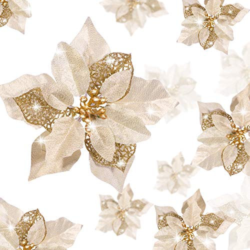WILLBOND 36 Stück Weihnachten Glitzer Weihnachtsstern Blumen Kunstblumen Hochzeit Glitzer Weihnachtsbaum Neujahr Ornamente(Gold, Doppelt Schicht Hohler Stil)